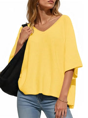 Women's Oversized Half Sleeve Batwing V Neck Casual Knit Tops