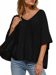 Women's Oversized Half Sleeve Batwing V Neck Casual Knit Tops