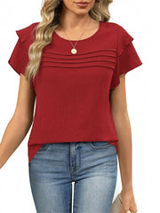 Women's Summer Ruffle Short Sleeve Crew Neck Pleated Front Tops