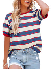 Women's Striped Color Block Short Sleeve T-Shirts Casual Loose Basic Tee
