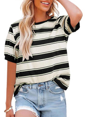 Women's Striped Color Block Short Sleeve T-Shirts Casual Loose Basic Tee
