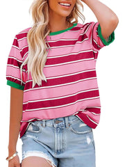 Women's Striped Color Block Short Sleeve T-Shirts Casual Loose Basic Tee