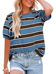 Women's Striped Color Block Short Sleeve T-Shirts Casual Loose Basic Tee