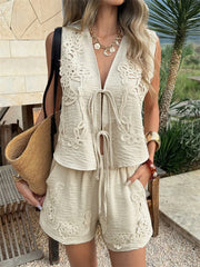 Women's V-Neck Lace Trim Sleeveless Top and Shorts