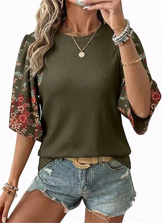 Women's Floral Print 3/4 Puff Sleeve Casual T-Shirt