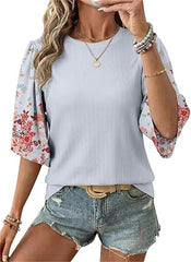 Women's Floral Print 3/4 Puff Sleeve Casual T-Shirt