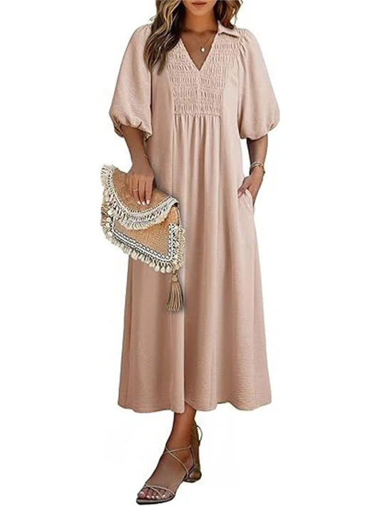 Women's V-Neck Puff Sleeve Maxi Dress
