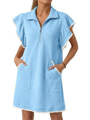 Women's Half-Zip Ruffle Sleeve Mini Dress with Pockets