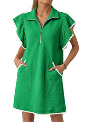 Women's Half-Zip Ruffle Sleeve Mini Dress with Pockets