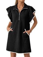 Women's Half-Zip Ruffle Sleeve Mini Dress with Pockets