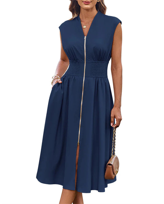 Women's Summer V Neck Cap Sleeve Zipper Front Flowy Dress