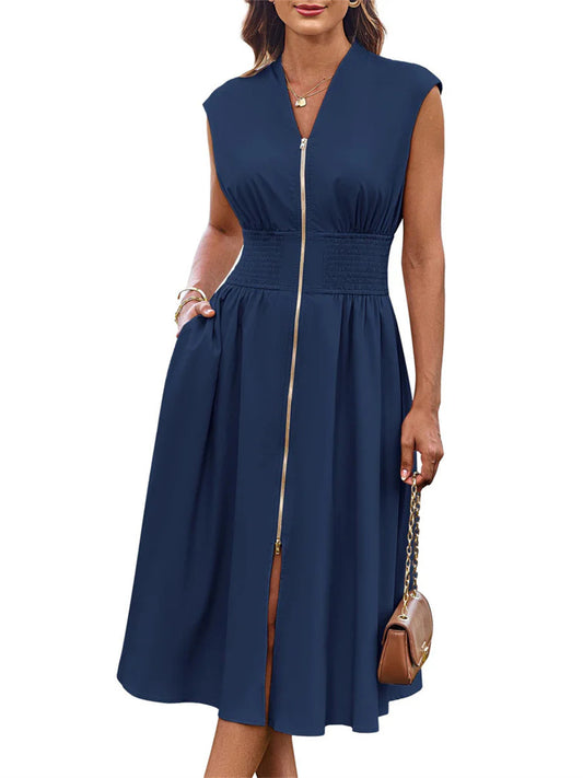 Women's Summer V Neck Cap Sleeve Zipper Front Flowy Dress