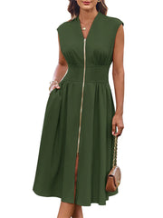 Women's Summer V Neck Cap Sleeve Zipper Front Flowy Dress