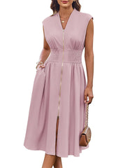 Women's Summer V Neck Cap Sleeve Zipper Front Flowy Dress