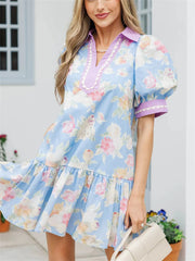 Women's Floral Print Puff Sleeve Tunic Dress