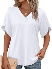 Women's Summer Short Petal Sleeve Fashion V Neck Outfits Tops