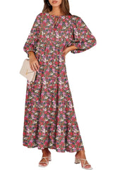 Women's V Neck Puff Sleeve Floral Flowy Swing Long Dress