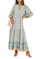 Women's V Neck Puff Sleeve Floral Flowy Swing Long Dress