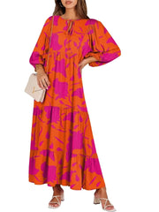Women's V Neck Puff Sleeve Floral Flowy Swing Long Dress