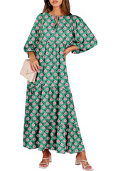 Women's V Neck Puff Sleeve Floral Flowy Swing Long Dress