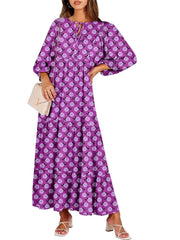 Women's V Neck Puff Sleeve Floral Flowy Swing Long Dress