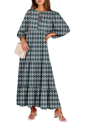 Women's V Neck Puff Sleeve Floral Flowy Swing Long Dress