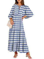 Women's V Neck Puff Sleeve Floral Flowy Swing Long Dress