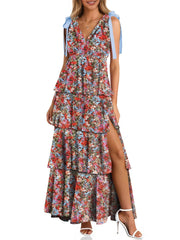 Women's Boho Floral Tie Strap V Neck Ruffle Tiered Maxi Dress