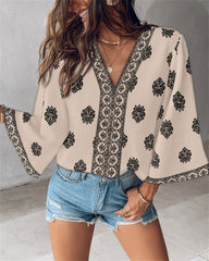 Women's Bohemian Print V-Neck 3/4 Bell Sleeve Top