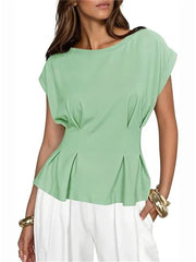 Women's Crew Neck Pleated Peplum Cap Sleeve Top