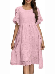 Women's Eyelet Flutter Sleeve Tiered Midi Dress