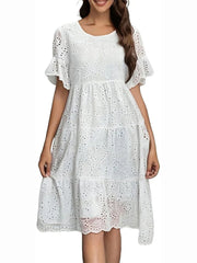 Women's Eyelet Flutter Sleeve Tiered Midi Dress