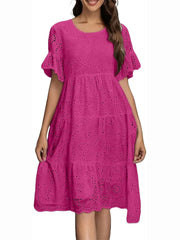 Women's Eyelet Flutter Sleeve Tiered Midi Dress