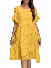 Women's Eyelet Flutter Sleeve Tiered Midi Dress