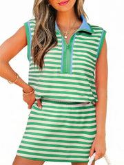 Women's Stripe Print Contrast Trim Zip Collar Sleeveless 2pcs Skort Set