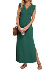 Women's Basic V-Neck Split Maxi Dress