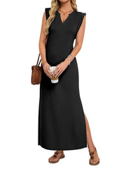 Women's Basic V-Neck Split Maxi Dress