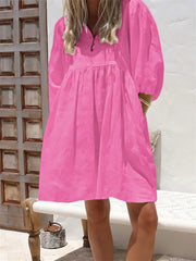 Women's Summer V-Neck Puff-Sleeve Dress Short Vacation Babydoll Dress