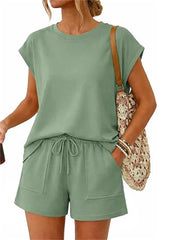 Women's 2-Piece Crew Neck Cap Sleeve Short Set with Pocket
