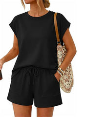Women's 2-Piece Crew Neck Cap Sleeve Short Set with Pocket