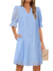 Flounce Sleeve Eyelet Tunic Dress for Women