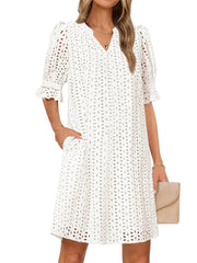 Flounce Sleeve Eyelet Tunic Dress for Women