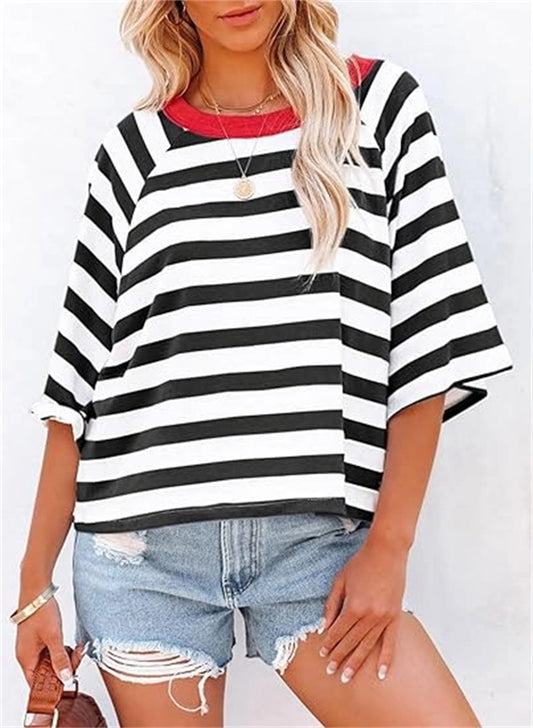 Women's Cute Round Neck Striped Short Sleeve Casual Top