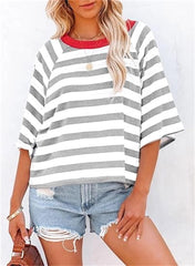 Women's Cute Round Neck Striped Short Sleeve Casual Top