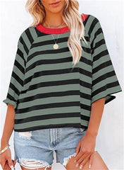 Women's Cute Round Neck Striped Short Sleeve Casual Top