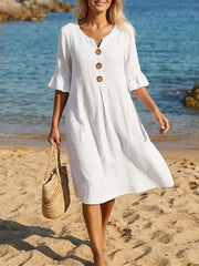 Women's Solid Color V Neck Buttons Ruffled Half Sleeve Midi Dress