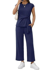 Women's Short Sleeve Wrap Tie Waist Top and Pants 2 Piece Set