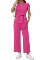 Women's Short Sleeve Wrap Tie Waist Top and Pants 2 Piece Set