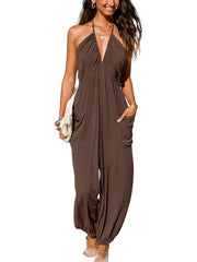 Women's Plunge Halter Sleeveless Pleated Jogger Long Jumpsuit with Pockets