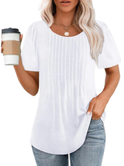 Women Summer Pleated Short Sleeve Tunic Blouses Tops